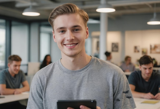 Jovem focado usando um dispositivo digital em um escritório envolvimento técnico sério e dedicado