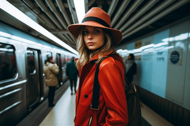 Jovem fotógrafa elegante explorando o metrô da cidade