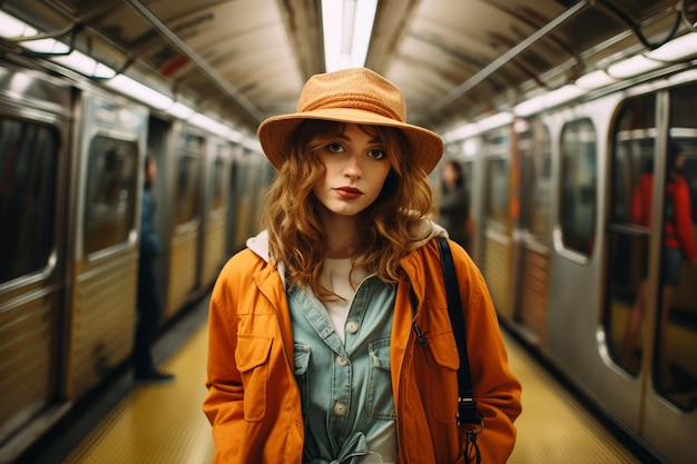 Jovem fotógrafa elegante explorando o metrô da cidade