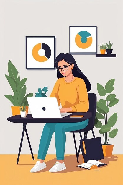 Foto jovem freelancer mulher projeto de negócios trabalhando no portátil ilustração vetorial em estilo plano