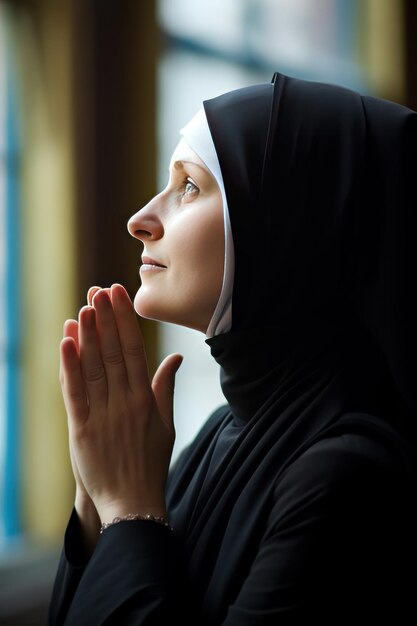 Foto jovem freira católica orando na igreja católica