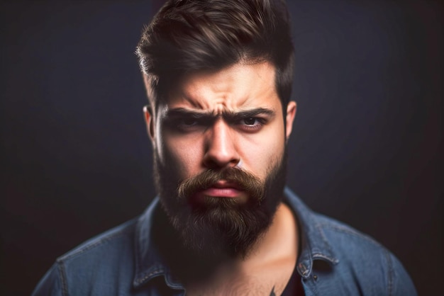 Jovem frustrado com barba e bigode em fundo preto Generative AI