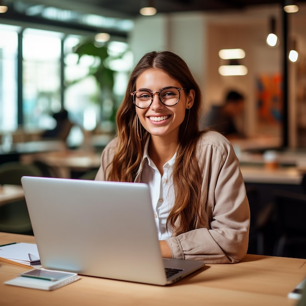 Jovem funcionária de negócios profissional feliz sentada na mesa trabalhando no laptop