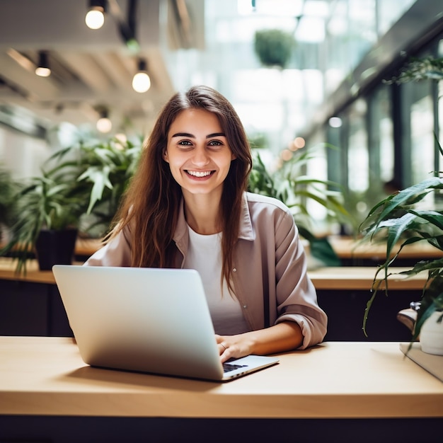 Jovem funcionária de negócios profissional feliz sentada na mesa trabalhando no laptop