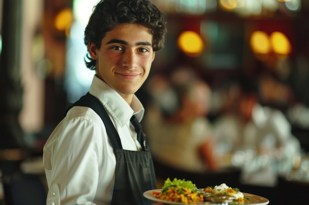 Jovem garçom em uniforme felizmente servindo uma refeição deliciosa em um restaurante movimentado