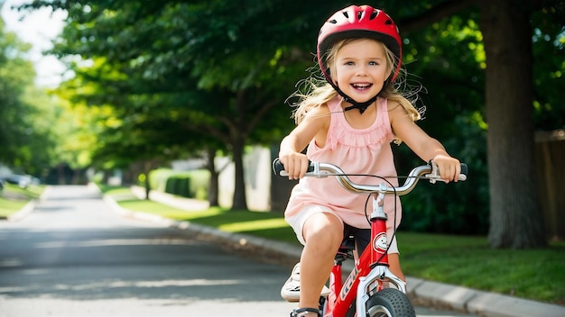 Jovem garota a andar de bicicleta lá fora.