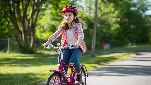 Jovem garota a andar de bicicleta lá fora.