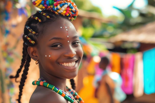 Jovem garota africana com penteado tradicional de contas e pintura facial sorrindo em um cenário ao ar livre com