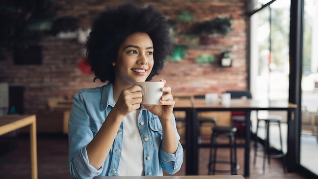 Foto jovem garota bebendo café em um café da moda