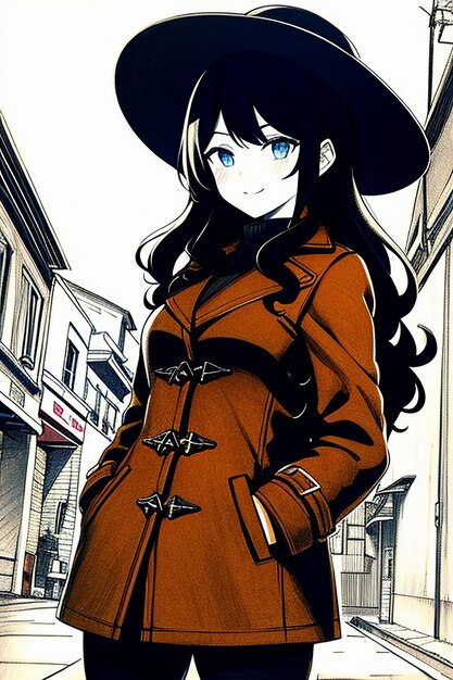 Jovem garota bonita com casaco escuro e chapéu retro ilustração de fundo de papel de parede