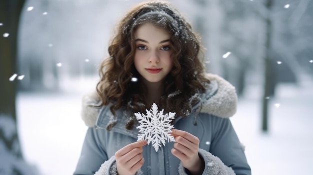 Jovem garota bonita segurando um floco de neve na mão