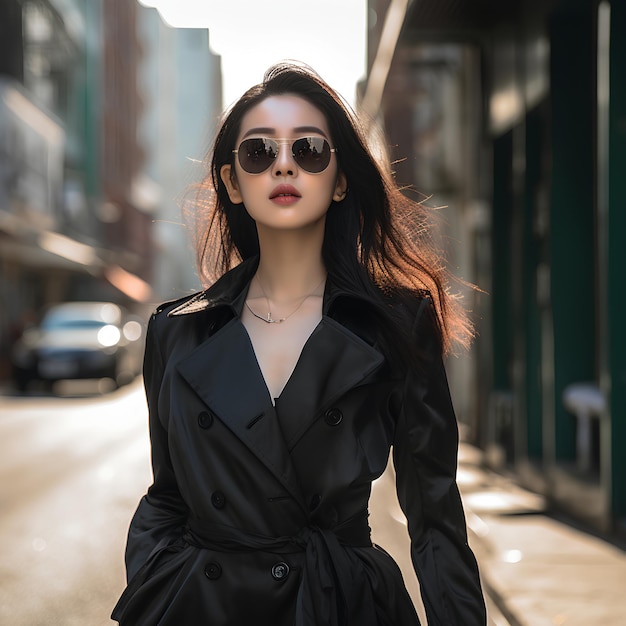 Jovem garota chinesa bonita e magra vestindo um vestido preto clássico