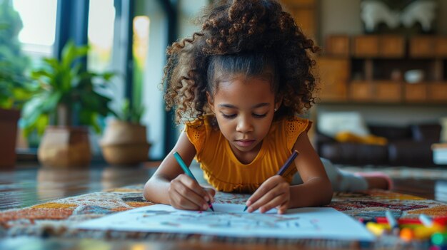 Foto jovem garota colorindo com lápis no chão