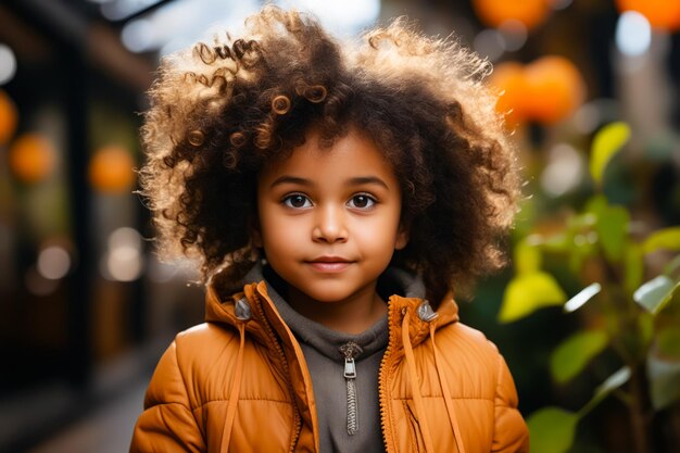 Jovem garota com afro encaracolado olha para a câmera IA generativa