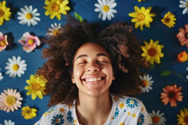 Jovem garota com cabelos encaracolados sorrindo em frente a uma parede de flores IA generativa