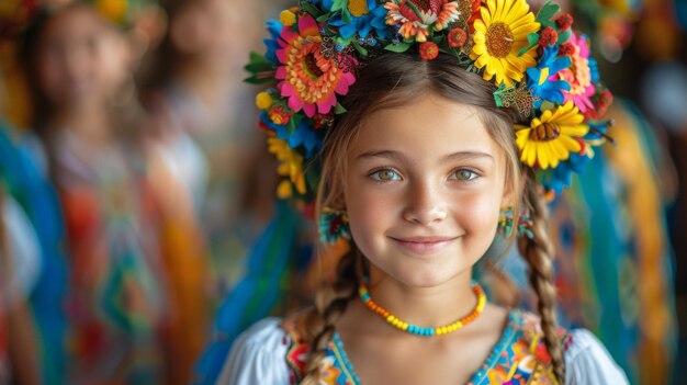 Jovem garota com coroa de flores coloridas