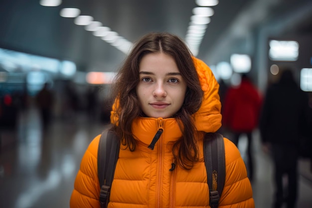 Jovem garota com mochila de viagem no aeroporto