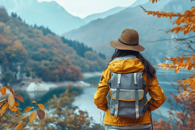 Foto jovem garota com mochila e chapéu olhando para a vista panorâmica do lago e das montanhas