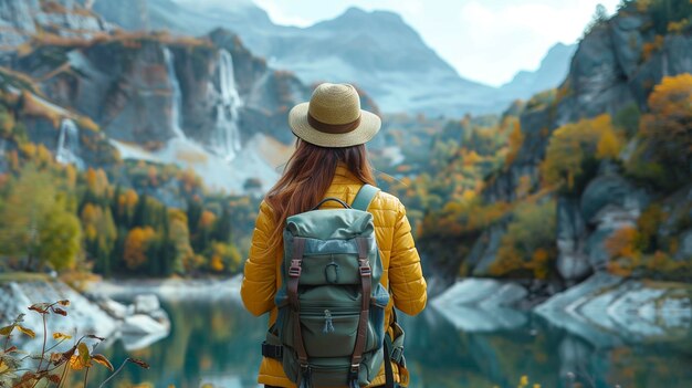 Foto jovem garota com mochila e chapéu olhando para a vista panorâmica do lago e das montanhas