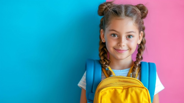 Jovem garota com tranças segurando uma mochila colorida contra um fundo rosa e azul em um cenário brincalhão e vibrante