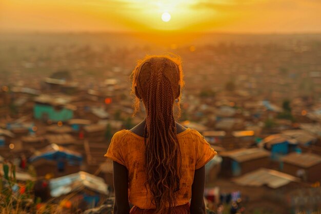 Foto jovem garota com vista para o pôr-do-sol na aldeia