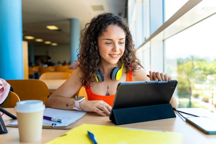 Foto jovem garota de cabelos encaracolados sorrindo usando tablet na biblioteca da universidade
