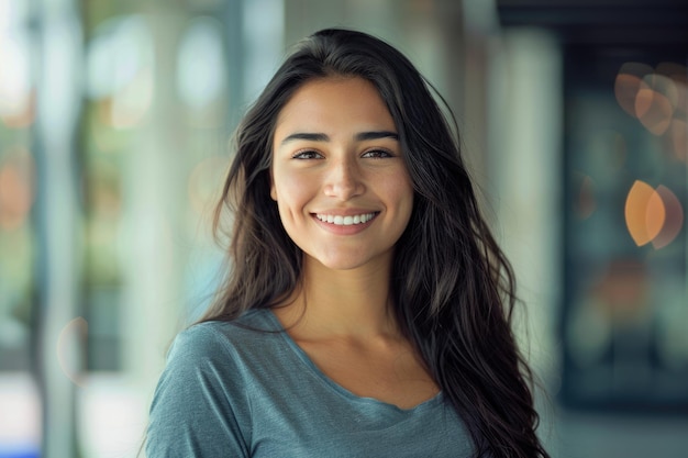 Jovem garota de camisa cinzenta sorrindo para foto da universidade