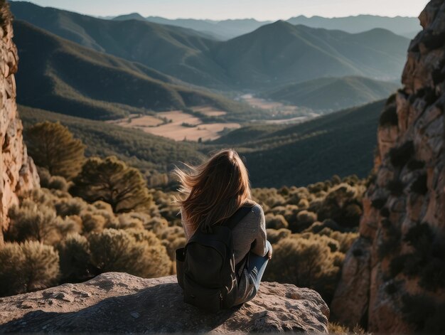 Jovem garota desfrutando da vista em um parque nacional na Espanha Jovem turista de mochila em viagem solo