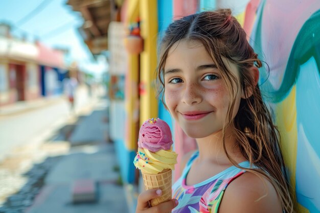 Foto jovem garota desfrutando de um cone de sorvete colorido em um dia ensolarado