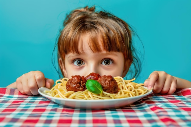 Foto jovem garota espiando espaguete com bolinhas de carne em um cenário de estilo retro