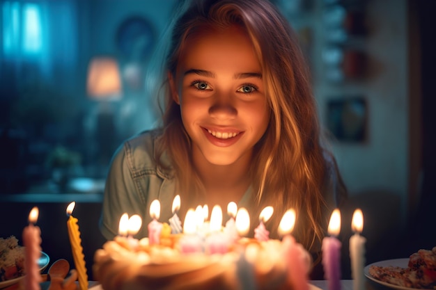 Jovem garota feliz comemorando seu aniversário com bolo de aniversário generativo ai