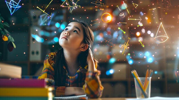 Foto jovem garota imaginando formas geométricas enquanto estuda conceito de aprendizagem criativa com cores vibrantes e luzes vivas capture a magia da educação ai