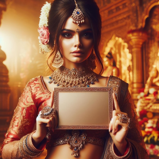 Jovem garota indiana com roupas tradicionais segurando um sinal em branco com IA gerativa