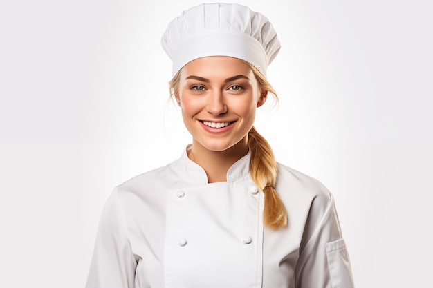 Jovem garota loira bonita sobre fundo branco isolado em uniforme de chef