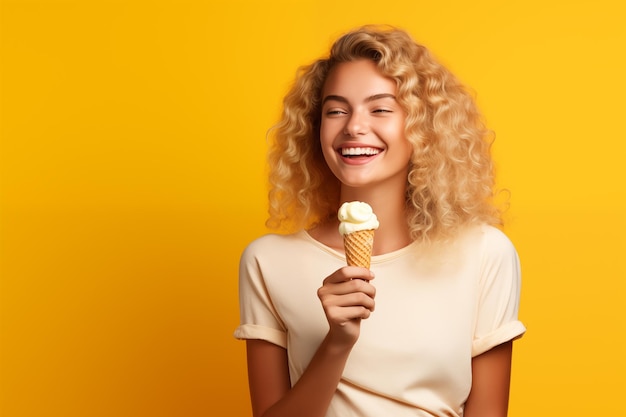 Jovem garota loira bonita sobre fundo colorido isolado com um sorvete de corneta