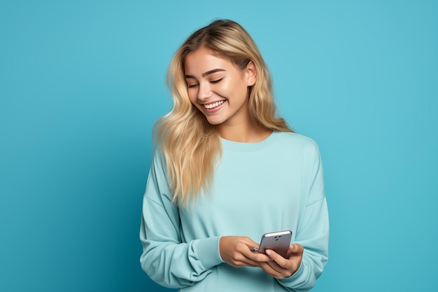 Jovem garota loira bonita sobre fundo colorido isolado usando telefone celular