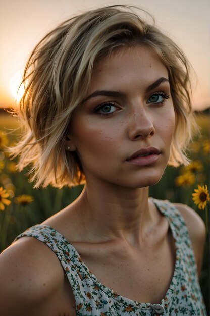 Jovem garota loira com cabelo curto em um campo de flores ao pôr do sol