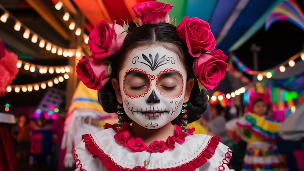 Jovem garota mexicana com rosas no cabelo e arte em forma de crânio no rosto posa bonito com os olhos clo