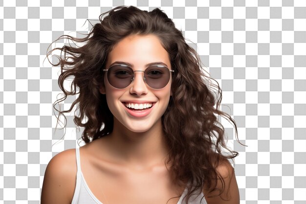 Foto jovem garota morena bonita com óculos de sol em fundo de chave de croma isolado