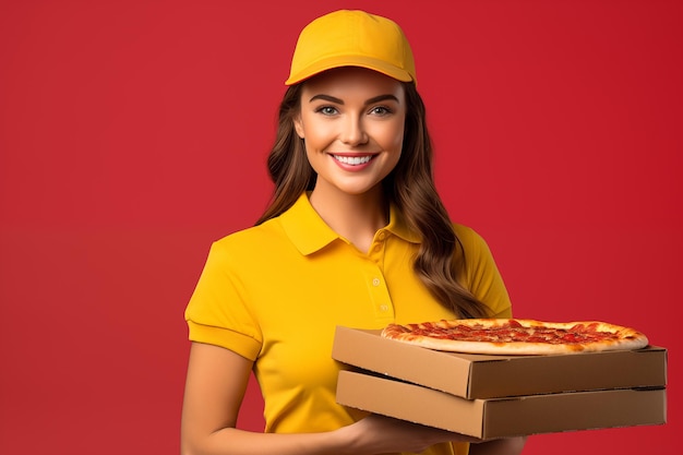 Jovem garota morena bonita sobre fundo colorido isolado segurando pizzas