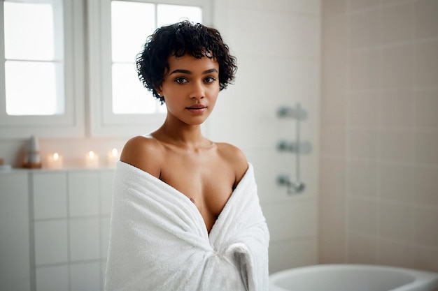 Jovem garota negra atraente posando na casa de banho