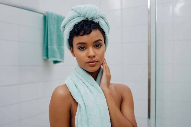 Jovem garota negra atraente posando na casa de banho