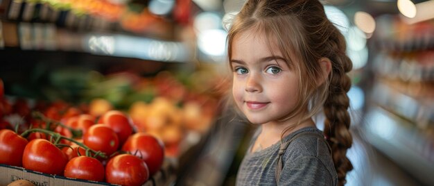 Jovem garota no supermercado selecionando tomates frescos maduros e outros vegetais com seu pai inclinado sobre o balcão de vegetais