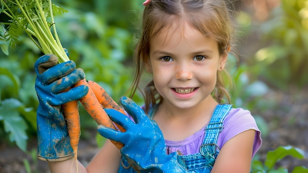 Jovem garota orgulhosamente segurando cenouras frescas em um jardim Alegria de colher Aprendendo habilidades de jardinagem Luz natural Momento autêntico capturado pela IA