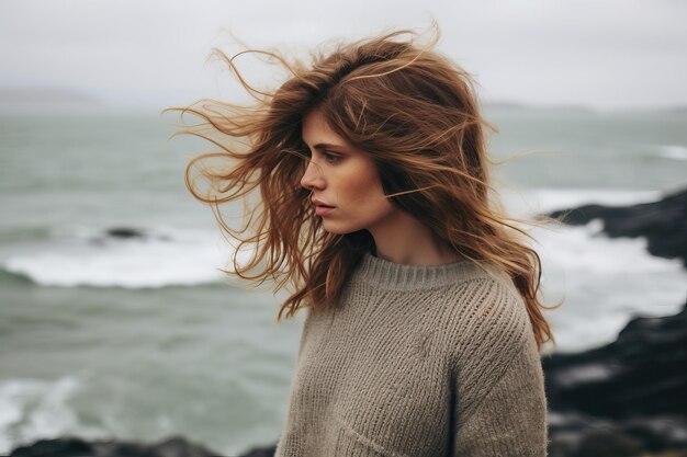 Jovem garota pelo vento do mar de inverno em seu cabelo