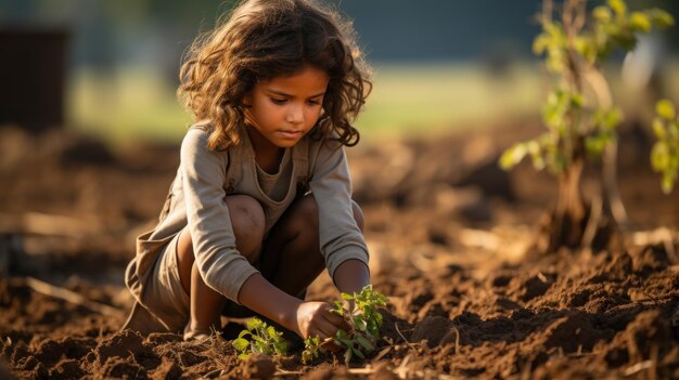 Foto jovem garota plantando em um campo perto de jaipur índia agricultura sustentável e infância