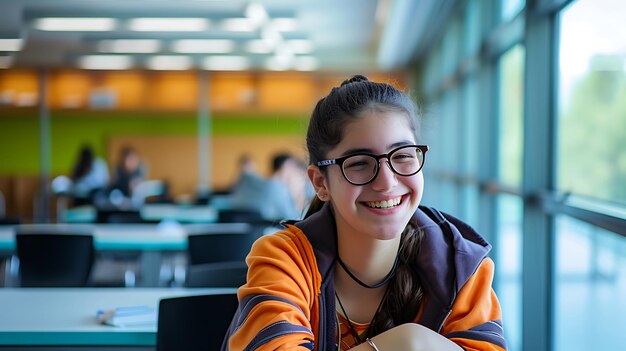 Jovem garota sentada à mesa com computador portátil AI generativa