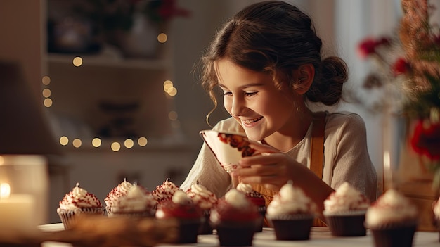 Jovem garota sentada à mesa com cupcakes Dia da Mãe