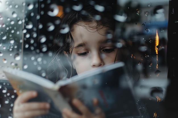 Jovem garota sentada atrás de um vidro com gotas de chuva e lendo um livro