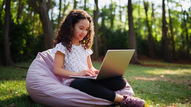 Jovem garota sentada em um saco de feijão com um laptop